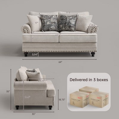 Piece Living Room Set, Modern Farmhouse Chenille Sofa and Loveseat with Nailhead Trim, Floral Accent Chair