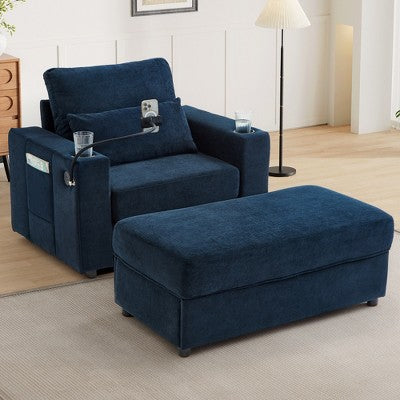 GDFStudio Roy Modern 42.5 Armchair Chaise Lounge Sofa with Movable Storage Ottoman and USB Ports