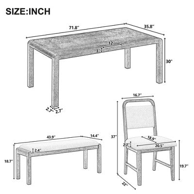 6-Piece Extendable Dining Set with 4 Upholstered Chairs & Bench, 60-72 Mid-Century Modern Kitchen Table with Curved Legs - ModernLuxe