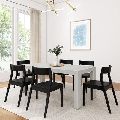 Plank+Beam 72 Modern Solid Wood Dining Table Set, Black Wirebrush, + 6 Chairs