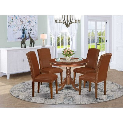 Round Dinette Set 5Pc - 42 Inch Table & 4 Parsons Chairs - Brown Faux Leather - Medieval Style