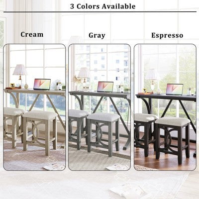 Farmhouse 3 Piece Counter Height Dining Table Set for 2, Wood Console Bar Table with USB Port and Upholstered Stools for Small Space