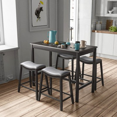 Costway 5PCS Bar Table Set Counter Height Table & Upholstered Saddle Stools Set for 4