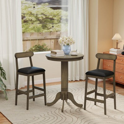 Costway 3 PCS Wood Bar Table Set with Pedestal Base, 2 Armless Stools, Padded Seat, Backrest