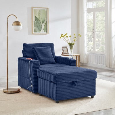 GDFStudio Tenley Modern Chenille Accent Chair with Storage Ottoman, Cup Holder and Convertible Armrest Table