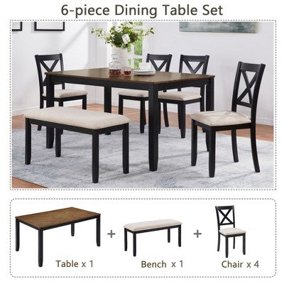 GDFStudio Callan Farmhouse Wood Upholstered 6 Piece Dining Set with Bench