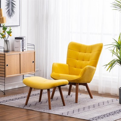 GDFStudio Valda Contemporary Velvet Tufted Accent Chair and Ottoman Set with Wingback