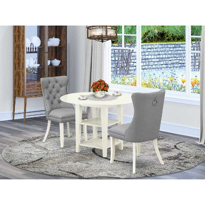 HomeStock 3-Pc Linen White Finish Round Solid Wood Top With Dropleaf Dining Table Set