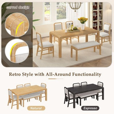 6-Piece Extendable Dining Set with 4 Upholstered Chairs & Bench, 60-72 Mid-Century Modern Kitchen Table with Curved Legs - ModernLuxe