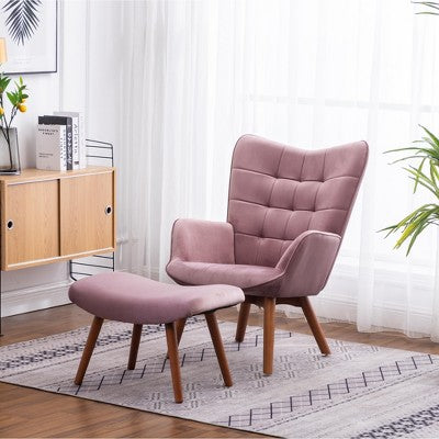GDFStudio Valda Contemporary Velvet Tufted Accent Chair and Ottoman Set with Wingback