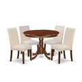Round Dinette Set 5Pc - 42 Inch Table & 4 Parsons Chairs - Cream Linen Fabric - Mahogany Legs - Home Dining Room