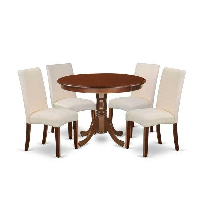 Round Dinette Set 5Pc - 42 Inch Table & 4 Parsons Chairs - Cream Linen Fabric - Mahogany Legs - Home Dining Room