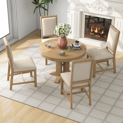 GDFStudio Salome 5 Piece Dining Set with Extendable Round Table and Upholstered Chairs