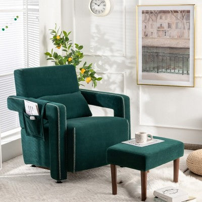 Costway Modern Berber Fleece Single Sofa Chair w/ Ottoman & Waist Pillow Red\Blue\Black\Green\Orange