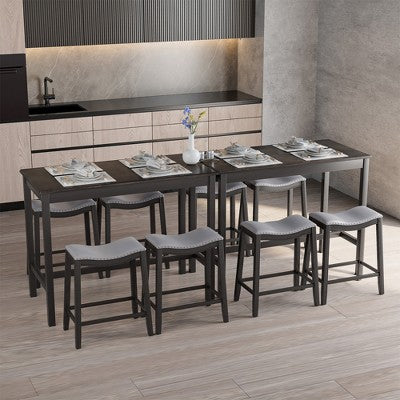 Costway 5PCS Bar Table Set Counter Height Table & Upholstered Saddle Stools Set for 4