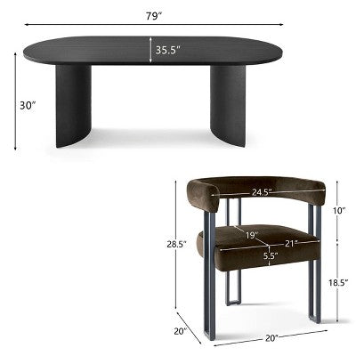 7-Piece Dining Table Set with Velvet Chairs, Modern Oval Black Table & Upholstered Armchairs with Metal Legs for Dining Room-Panipeachy