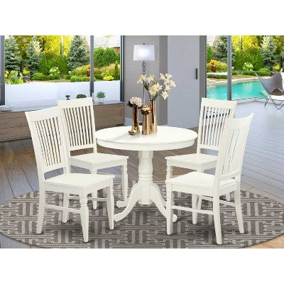 HomeStock 5-Piece Linen White Finish Solid Wood Top Dining table with 4 Chairs