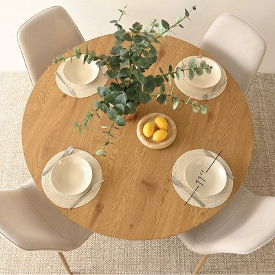 5-Piece Oak Round Dining Table Set, 46 Pedestal Table with 4 Upholstered Dining Chairs, Modern Dining Room Furniture-Panipeachy