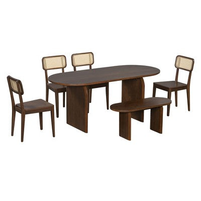 GDFStudio Tom 6 Piece Solid Wood and PE Rattan Dining Set with 71 Double Pedestal Table