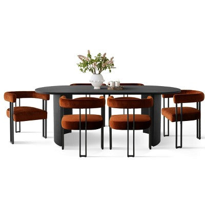 7-Piece Dining Table Set with Velvet Chairs, Modern Oval Black Table & Upholstered Armchairs with Metal Legs for Dining Room-Panipeachy