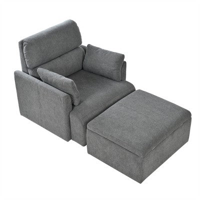 ModernLuxe Upholstered Chaise Lounge with Storage Ottoman, Wide Accent Chair Armchair Lazy Single Sofa Reading Couch Chair, Gray/Beige