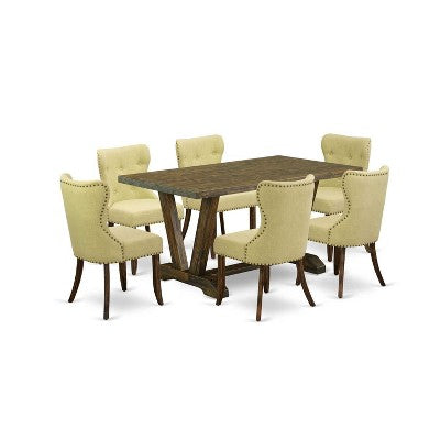HomeStock 7-Piece Rectangle Distressed Jacobean Finish Solid Wood Top Dining Table with 6 Parson-Chairs