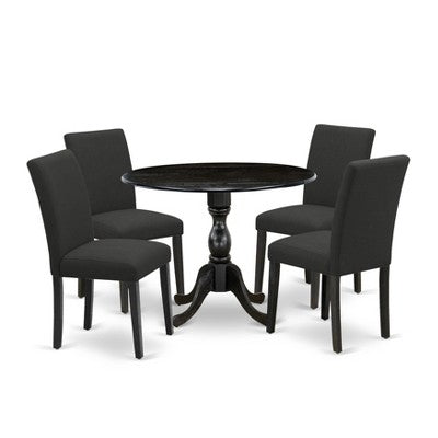 HomeStock Belmont 5 Piece Wood Dining Table Set 1 Drop Leaves Dining Room Table and 4 Black Linen Fabric Dining Chair, Wire Brushed Black Finish