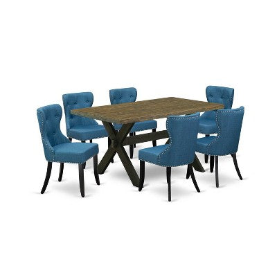HomeStock 7-Piece Rectangle Distressed Jacobean Finish Solid Wood Top Dining Table with 6-Parson Chairs