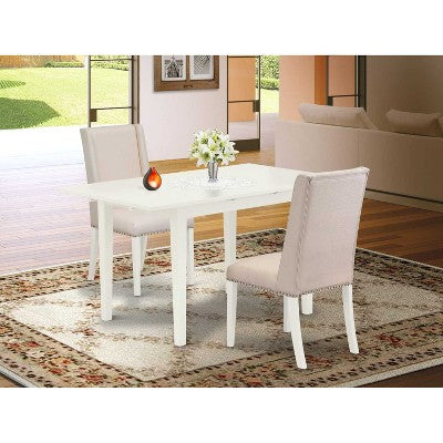 HomeStock 3-Piece Linen White Finish Rectangular Solid Wood Top with Butterfly Leaf Dining Table Set