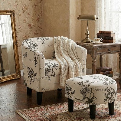 GDFStudio Everett Vintage Script Pattern Fabric Upholstered Barrel Back Accent Lounge Chair with Ottoman