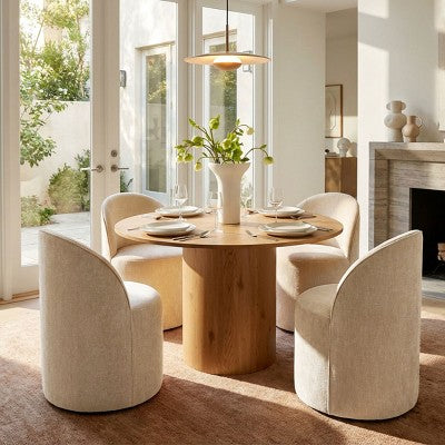 Dining Table Set for 4, Modern Barrel Chair with Wheels and Chenille Upholstery, Round Pedestal Table for Small-Dining Areas-Panipeachy