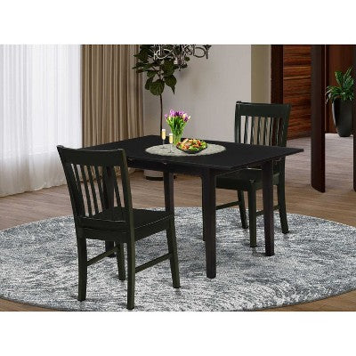 HomeStock 3-Pc Black Finish Rectangular Solid Wood Top with Butterfly Leaf Dining Table Set