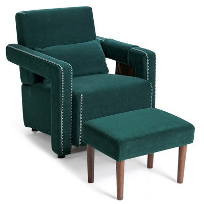Costway Modern Berber Fleece Single Sofa Chair w/ Ottoman & Waist Pillow Red\Blue\Black\Green\Orange
