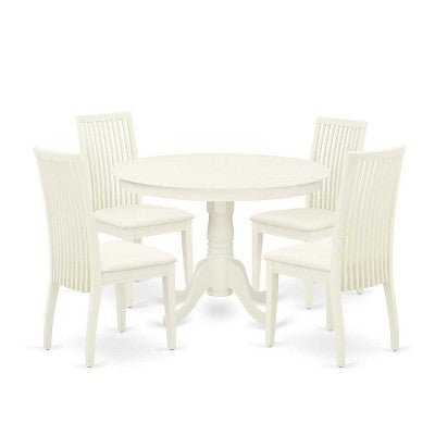 HomeStock 5-Piece Round Linen White Finish Solid Wood Top Dining table with 4 Chairs
