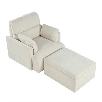 ModernLuxe Upholstered Chaise Lounge with Storage Ottoman, Wide Accent Chair Armchair Lazy Single Sofa Reading Couch Chair, Gray/Beige