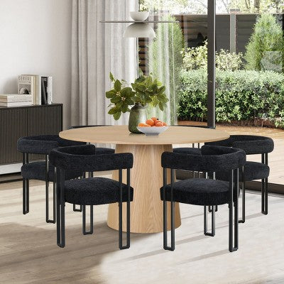 7-Piece Round Dining Table Set with 6 Upholstered Chenille Chairs, 52 Modern Pedestal Table with Metal Leg Dining Chairs for Kitchen-Panipeachy