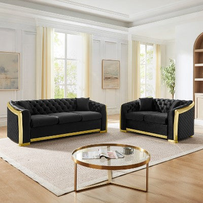 GDFStudio Tom 2 Piece Mid-Century Modern Chesterfield Velvet Upholstered 5-Seater Sofa Set with 4 Pillows