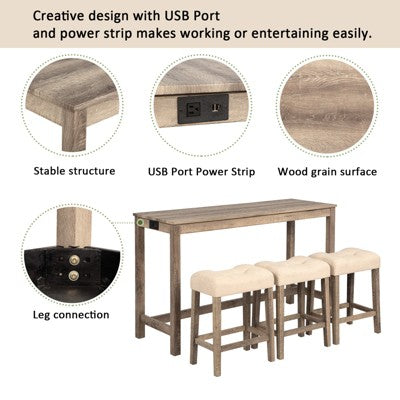 sumyeg 4 Piece Bar Table Set with Power Outlet and 3 Padded Stools for Dining or Living Room