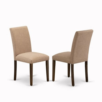 HomeStock Belmont 7 Piece Table Set Dining Room Table and 6 Light Sable Linen Fabric Chairs with High Back - Distressed Jacobean Finish