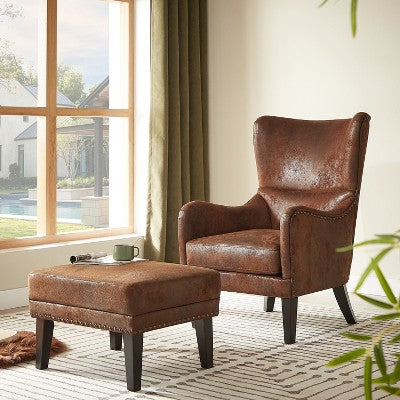 Vintage Accent Chair High-back Armchair Upholstered Lounge Chair Cozy Reading Chair with Ottoman, Classic Tufted & Nailhead Trim, Brown - ModernLuxe