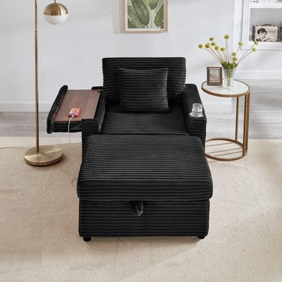 GDFStudio Tenley Modern Chenille Accent Chair with Storage Ottoman, Cup Holder and Convertible Armrest Table