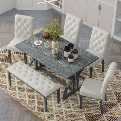 Farmhouse Dining Set for 4, Rectangular Kitchen Table Set with 4 Upholstered Chairs and Bench