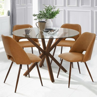 5-Piece Round Glass Dining Table Set with Faux Leather Chairs, Modern Kitchen Table Set with Walnut Legs for 4-Panipeachy