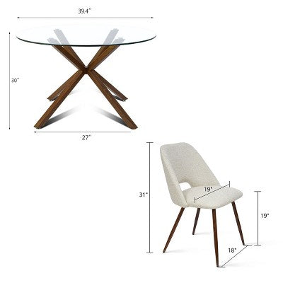 5-Piece Round Glass Dining Table Set with Upholstered Fabric Chairs, Modern Kitchen & Dining Room Furniture with Walnut Legs-Panipeachy