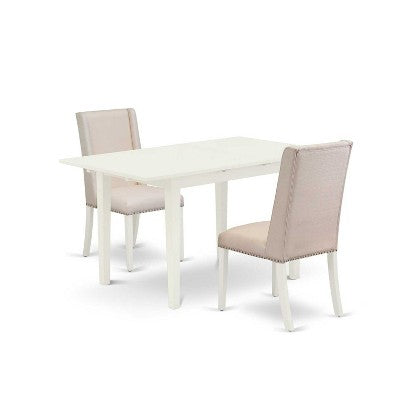 HomeStock 3-Piece Linen White Finish Rectangular Solid Wood Top with Butterfly Leaf Dining Table Set