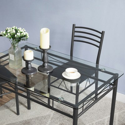 VECELO 5 Piece Dining Table Set with Glass Top Table & 4 Upholstered Chairs, Kitchen Rectangular Table Set Brown/Black
