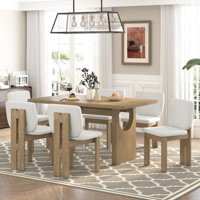 7-Piece Retro Dining Set, 1 Rectangular Table with Designed Trestle Base and 6 Upholstered Chairs - ModernLuxe