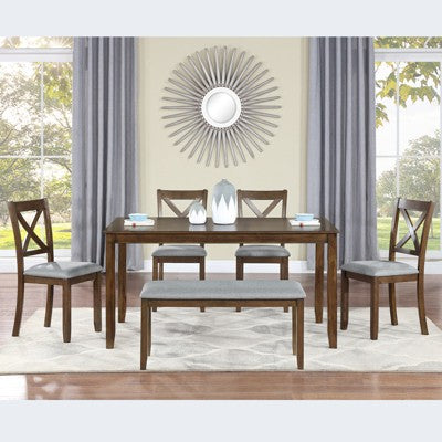GDFStudio Callan Farmhouse Wood Upholstered 6 Piece Dining Set with Bench