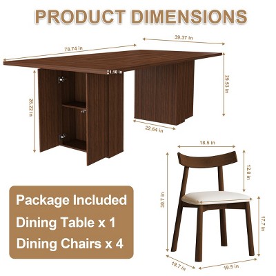 Modern Rustic Dining Set with 78 Rectangular Storage-Base Table and 4 PU Cushioned Chairs for Kitchen and Dining Room-Panipeachy