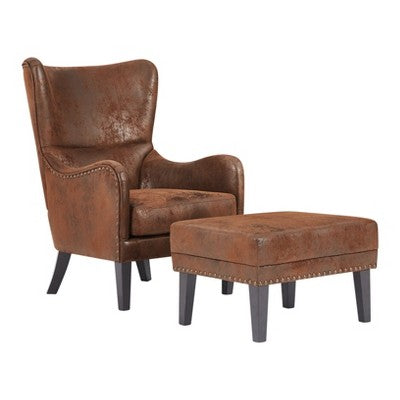 Vintage Accent Chair High-back Armchair Upholstered Lounge Chair Cozy Reading Chair with Ottoman, Classic Tufted & Nailhead Trim, Brown - ModernLuxe